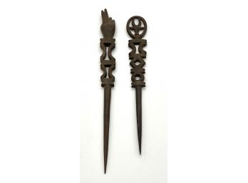 Pair Of Vintage Hand Carved Teak Hair Pins