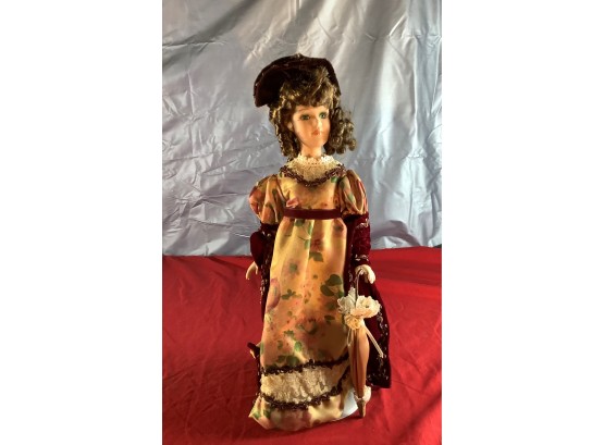 Porcelain Doll In Gold & Maroon Dress With Umbrella (#14)