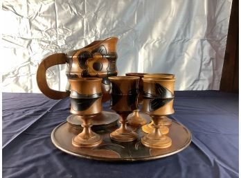 Set Of 4 Wood Cups - Pitcher And Tray