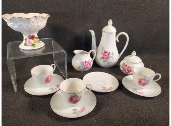 Vintage Yamaka Japan Tea Rose Porcelain Tea Set & Porcelain Pedestal Compote Dish Unbranded