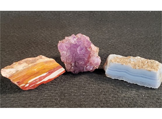 Three Stone Specimens - Amethyst, Blue Lace Agate & Banded Agate