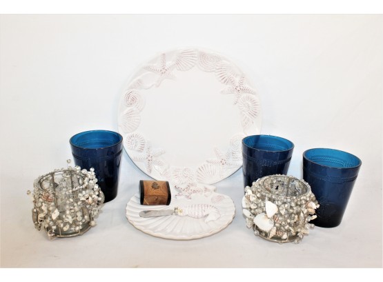 Pretty Coastal Lot With Serving Plates, Cheese Knife, Shell Adorned Candle Holders And Other Items