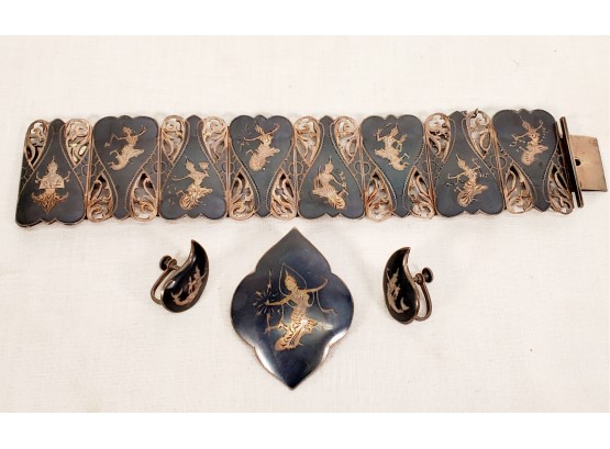 Vintage Sena Sterling Silver Siam Dancing Goddess 8 Panel Link Bracelet, Pair Clip Earrings & Brooch
