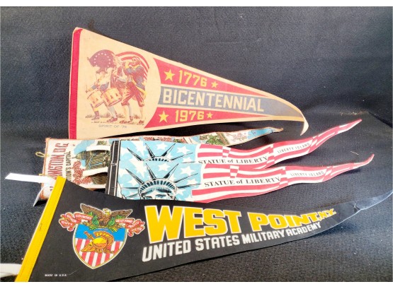 Five Vintage Pennants - Bicentennial, West Point Military Academy, Statue Of Liberty & Washington DC