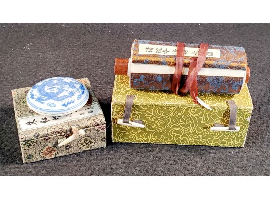 Boxed Blue & White Chinese Wax Seal Paste Holder & Boxed Very Long 10 Foot Scenic Scroll
