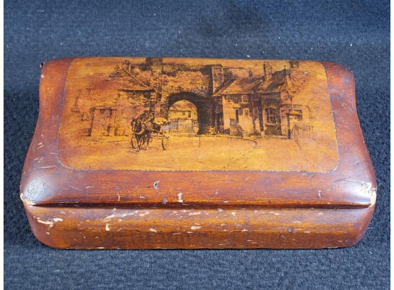 Vintage Handmade Signed Wooden Oblong Hinged Box With Decoupage Scenic Panel On Lid