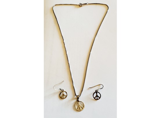 Cute Retro Vintage Sterling Silver 925 Peace Sign Necklace & Earring Set