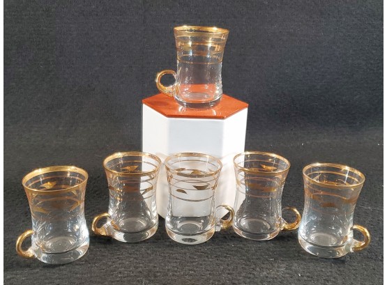 Set Of Six Vintage Mid Century Modern Clear & Gold Leaf Hand Blown Demitasse Glasses