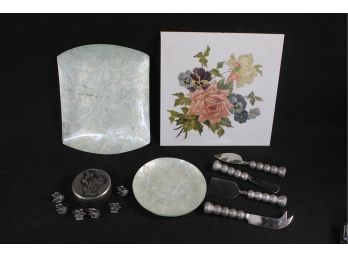 Metal And Glass Lot With Cheese Knives, Place Card Holders, Claraluna Dish & Handpainted Glass