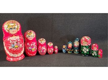 Three Cute Sets Of Vintage Hand Painted Wooden Russian Matryoshka Nesting Dolls