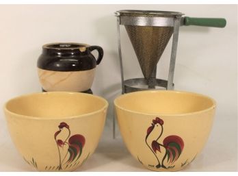Vintage Sifter/ Sieve With Stand, Bean Pot And Rooster Bowls