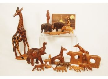 Assorted Wood Figures Featuring African Wildlife- Also Wood Napkin Rings & A Small Wood Plaque