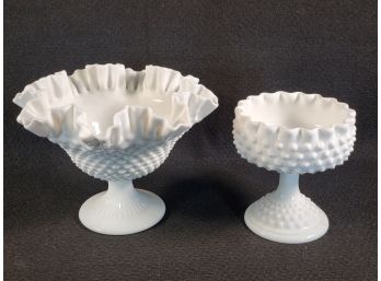 Duo Of Vintage White Hob Nail Milk Glass Pedestal Candy Dishes - Fenton