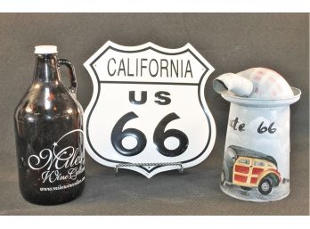 Miles Wine Cellars Bottle With Route 66 Tin Sign & Painted Route 66 Galvanized Oil Can