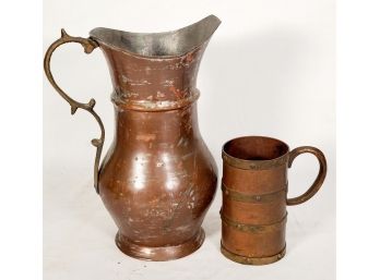 Single Antique Hand Wrought Copper & Brass Handled Cup & Copper Pitcher