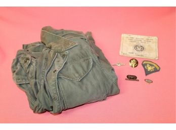 Mixed Lot Of Military Items With Short Medium Army Jacket, USS Yorktown CV-5 Pin, Progress Booklet And More