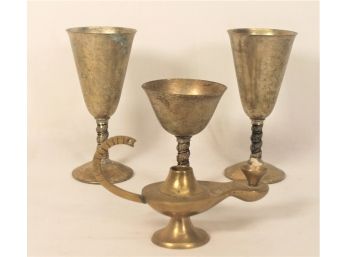 Grouping Of Electroplated Brass Goblets And Oil Lamp