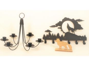 Wrought Iron Wolf Silhouette- Six Hook Hanger, Wrought Iron Candelabra And Miniature Wolf Cutout
