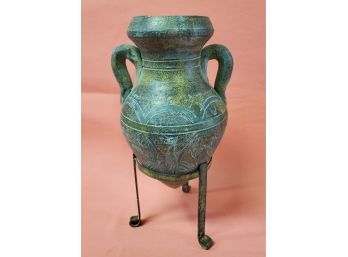 Handsome Mexican Styled Etched Double Handled Pottery Vase With Metal Stand