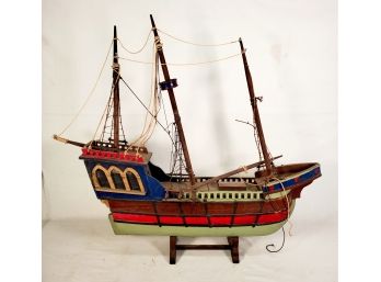 Vintage Hand Crafted Large Wood Model Tall Ship - Needs TLC !!  See Photos