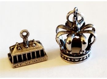 Two Vintage Sterling Silver Charm Bracelet Charms - Large Crown & Mount Vernon