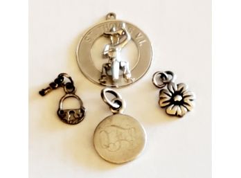 Four Vintage Sterling Silver Bracelet Or Necklace Charms - Including Mexico Monogrammed Disk Pendant