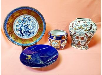 Pretty Grouping Of Asian Painted Pottery - Planters, Vases & Platters