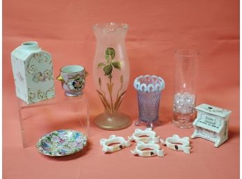 Porcelain & Glass Mixed Decorative Lot -Schmid Music Box, Vases, Porcelain Napkin Rings And More