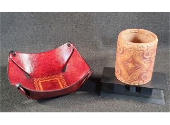 Duo Of Hand Crafted Embossed Vanity Or Desk Leather Dish & Cup