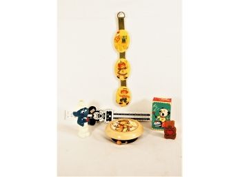 Vintage Hummel Music Box- Wind Up Panda- Mickey Slide Ruler/calculator- Smurf Toothbrush Base & Raggedy Ann