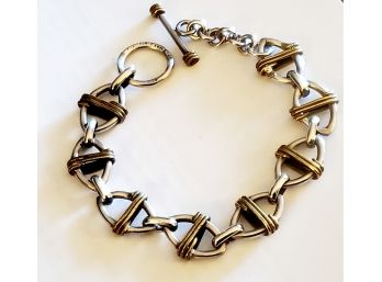 Substantial Sterling Silver 925 Mexico Link Bracelet With Brass Wrapped Link Accents