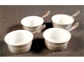 Four Vintage Sterling Silver Pierced Holders With White Ceramic Ramekins Stamped  Porcelaines A Feu T&V
