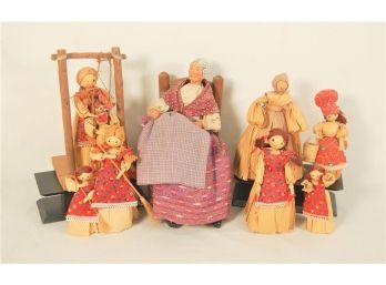 Vintage Cornhusk Dolls And A Granny Figure In Chair