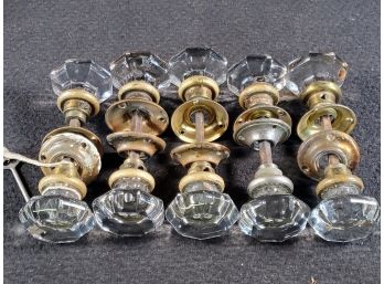 Five Sets Vintage Clear Glass & Brass Door Knob Hardware