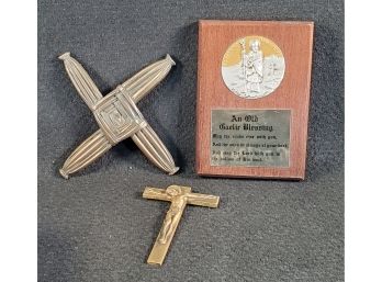 Religious Grouping - St Brigid's Cross Cork Ireland, St Patrick Plaque And Brass Crucifix