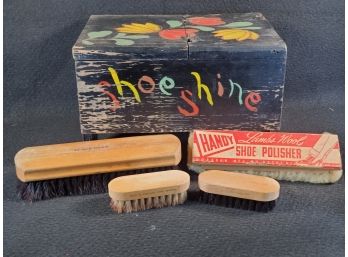 Very Fun Vintage Hand Painted Folk Art Styled Wood Shoe Shine Box & Accessories
