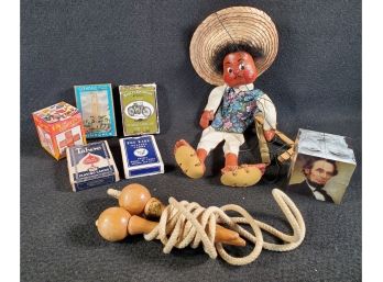 Vintage Toys, Puzzles, Playing Cards, Wood Marionette & Jump Rope