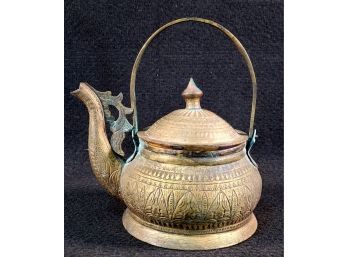 Vintage Chinese Heavy Etched Brass Tea Kettle