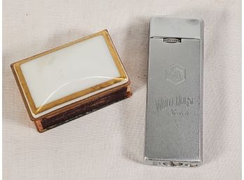 Vintage Intelite Japan Satin Finish White Horse Scotch Etched Butane Lighter & Brass & Glass Matchbox