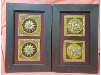 Pair Of Vintage Framed Indian Themed Embroidered Textile Panels - Elephants & Stars / Suns
