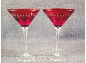 Two Red Flashed Crystal Martini Glasses With Marquis Border