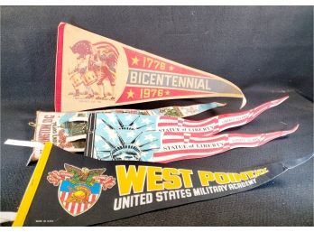 Five Vintage Pennants - Bicentennial, West Point Military Academy, Statue Of Liberty & Washington DC