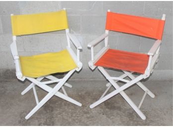 Pair Of Vintage MCM Director's Chairs - Both White With One Yellow & One Orange Canvas Fabric