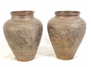 Handsome Pair Of Vintage Brass Etched Urns / Vases