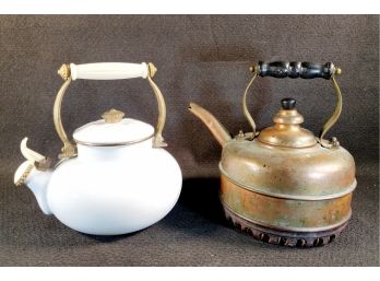 Two Tea Kettles - White Enamel & Vintage Simplex England Copper Kettle With Heating Coils