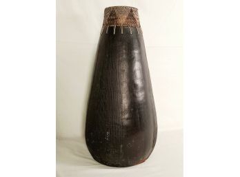 Vintage Wood & Woven Tribal Look Tall Vase