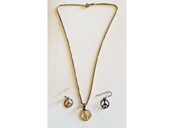Cute Retro Vintage Sterling Silver 925 Peace Sign Necklace & Earring Set