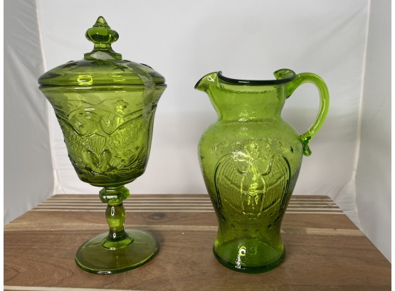 Green Eagle Glass! Patriotic Candy Dish And Pitcher