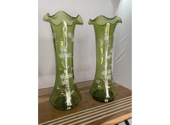 Vintage Hand Painted Enameled Bohemian Art Glass Vase Set
