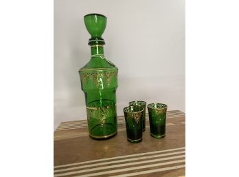 Green Art Glass Decanter And Glasses Set